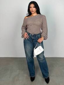 Firerie Tricou cu mânecă lungă cu umeri oblici, mărime plus, mânecă lungă cu textură de ananas, topuri asimetrice de toamnă pentru femei