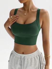 Slayform 女士纯色交叉露背短款健身背心，适合日常锻炼 - 綠色 - 查看 4