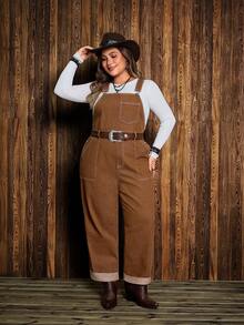 EMERY ROSE 大码休闲复古牛仔背带裤 - 棕色 - 查看 5