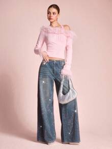 ROMWE EDITION Y2K Glittery Loose Wide Leg Women Denim Low Waist Jeans For Rave Party - Multicolor - View 2