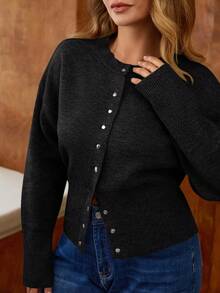 Elaquor Áo khoác cardigan thắt eo cài nút phía trước cỡ lớn thường ngày - màu đen - Xem 2