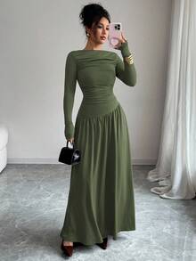 Elenzga 女士牛奶丝针织弹力露肩褶前腰 A 字宽松长袖超长连衣裙，优雅法式浪漫风格，适合办公室、休闲、派对、秋冬 - 軍綠色 - 查看 4