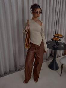 MUSERA 不对称下摆镂空长袖针织上衣 可爱优雅休闲街头风 性感外出 秋季晚宴 优雅冬春毛衣 - 駝色 - 查看 3