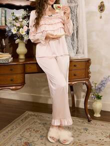 Côtesoire French Romantic Ruffle Satin Women Pajama Set, Winter Clothes - Champagne - View 4