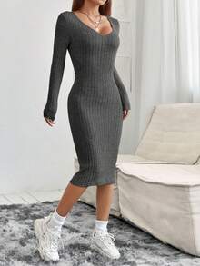 SHEIN PETITE Solid Ribbed Knit Bodycon Spring Women Dress - Dark Grey - View 4