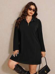 Elaquor Plus Size Casual Minimalist Navy Blue Loose Half-Zip Women Dress, Autumn/Winter - Black - View 1