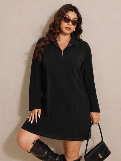 Elaquor שמלת נשים בצבע כחול כהה מינימליסטי, מידות גדולות, עם רוכסן רופף, סתיו