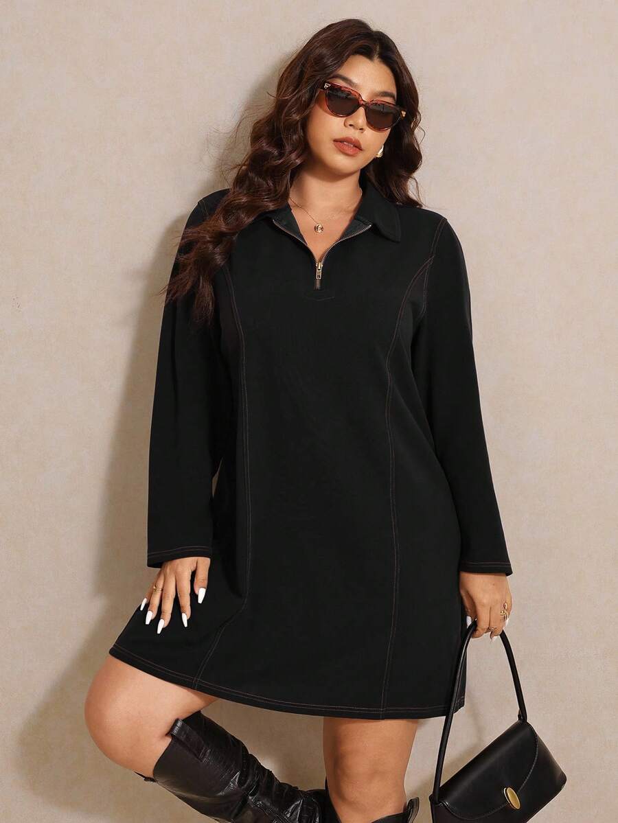 Elaquor Plus Size Casual Minimalist Navy Blue Loose Half-Zip Women Dress, Autumn/Winter - Black - View 1