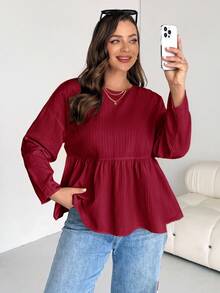 SHEIN Essnce 大码女装春秋季时尚休闲宽松舒适日常质感面料浅红色长袖荷叶边衬衫，曲线可爱上衣，女式衬衫，奶油黄，秋季穿搭，返校季