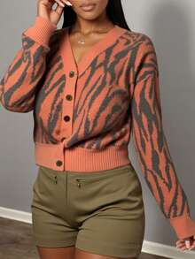 Slaydiva 秋冬新款女士休闲开衫，百搭实用，适合日常出行、度假、街头穿搭、派对、万圣节等场合 - 圆领、落肩、长袖，橙色、红棕色、螺旋、波浪、波纹图案，开襟针织毛衣 - 彩色 - 查看 3