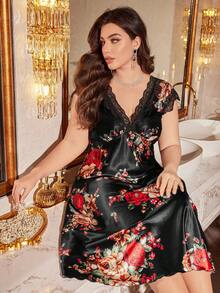 SHEIN MuseNap CURVE Elegant Lace Retro Big Floral Design Plus Size Faux Silk Dress Luxe Loungewear - Multicolor - View 1