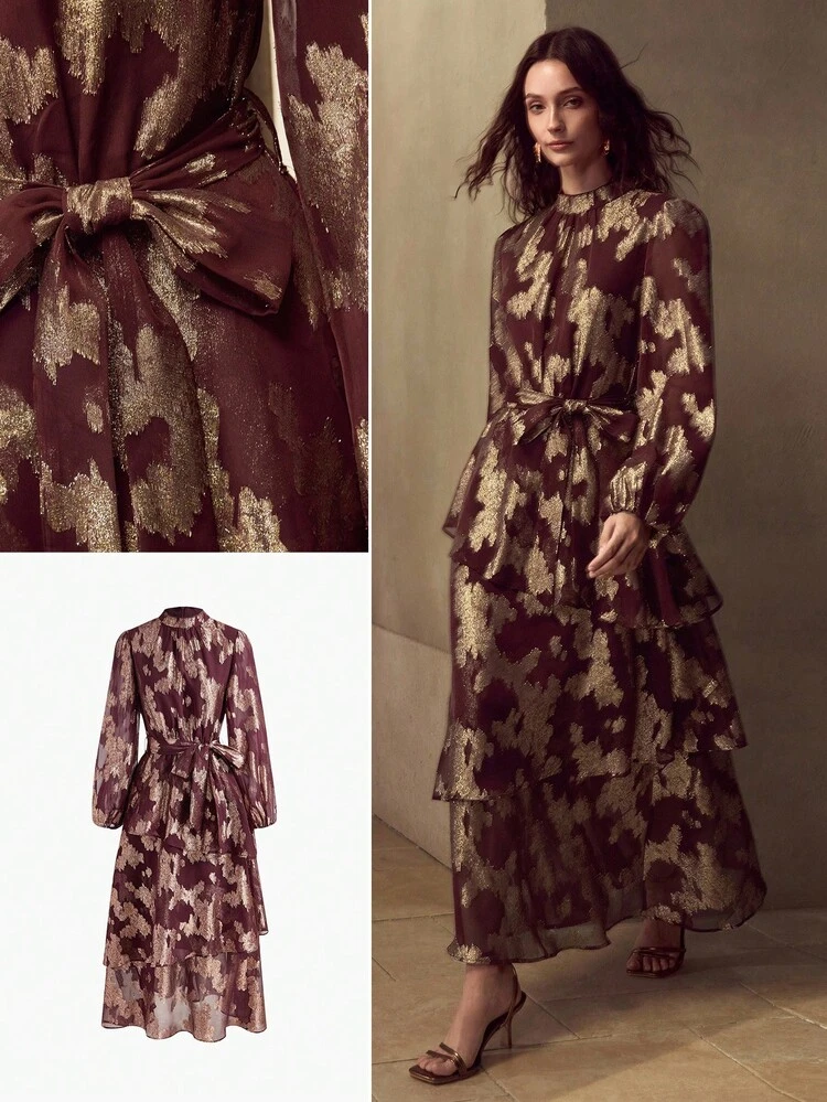 VESTIDO MIDI DE MUJER DE MANGA LARGA CON CINTURA CEÑIDA Y CAPAS DE GASA