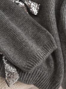 CosyJoli 大码女式灰色闪亮蝴蝶结设计双面休闲毛衣，圣诞节和节日版 - 灰色 - 查看 4