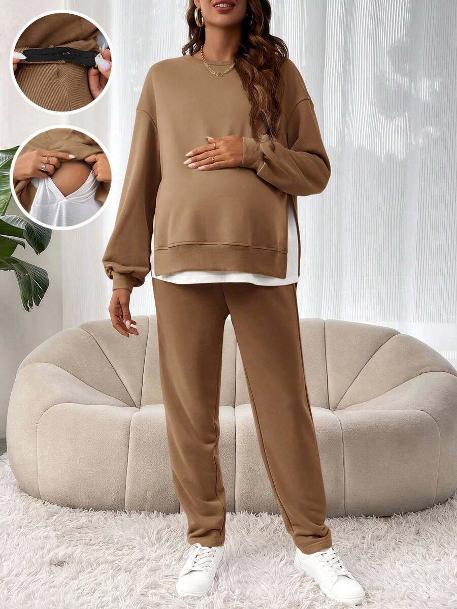 SHEIN Bộ 2 chiếc áo nỉ và quần chắp vá nhiều màu sắc thường ngày dành cho bà bầu, mùa thu - Cà phê nâu - Xem 1