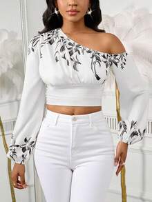 Lunelith SHEIN Lunessa 女士时尚斜肩灯笼袖松紧袖口收腰上衣，度假花卉印花休闲通勤装 - 彩色 - 查看 3