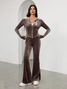 SHEIN Tall Set de 2 buc. pentru femei, top cu glugă și fermoar și pantaloni skinny de culoare solidă - Maro - Vizualizare 5