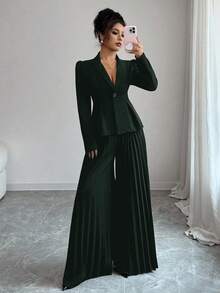 SHEIN Clasi 女士优雅通勤黑色西装外套，翻领和金边装饰纽扣，长泡泡袖，合身设计 + 女士优雅通勤黑色褶皱设计宽松阔腿裤，春秋 - 綠色 - 查看 7