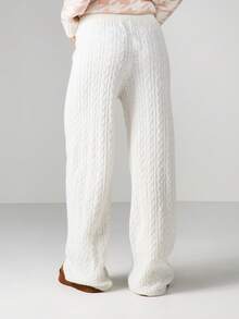 MISSGUIDED Mid Rise Cable Knit Lounge Pants For Women Winter Cozy Comfort Wide Leg Knitted Trousers - White - View 2