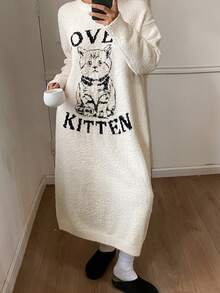 DAZY Loose Fit Cat Graphic Long Sleeve Knit Nightgown, Women Sleepwear Dress For Autumn/Winter, Moo Moo Night Dress Pajamas - White - View 5