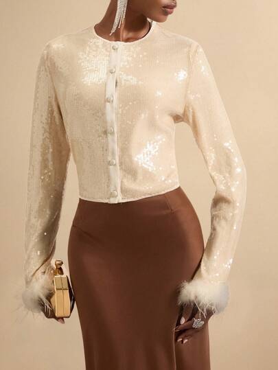 SHEIN Veneréa Pailletten-Patchwork Rundhals Knopfleiste Elegant Langarm Hemd