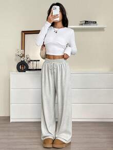 SHEIN EZwear Pantalones de chándal holgados con cordón en la cintura, color blanco, talla grande, para otoño