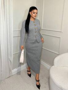 SHEIN SXY Nowy, retro, biznesowy, spersonalizowany, dopasowany do ciała, dwuczęściowy komplet: spódnica i sweter damski z metalowymi guzikami, wczesna jesień - Szary - Zobacz 4
