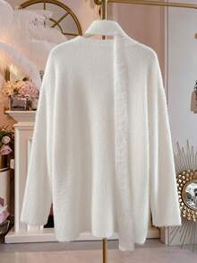 Franclia 女士时尚优雅白色纯色蓬松V领落肩宽松套头毛衣，适合秋冬季圣诞节新年感恩节派对 - 米色 - 查看 2