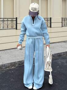 SHEIN Explorewe Streecool 青少年女孩秋冬时尚休闲简约拉链领长袖连帽衫和宽松阔腿裤 2 件套 - 藍色 - 查看 6