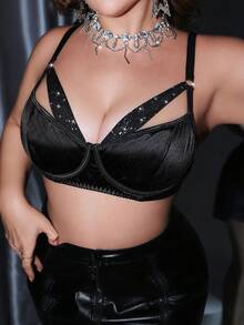 MidnightGlam Plus Size Sexy Glamorous Starry Sky Decorated Mesh Bra - Black - View 1