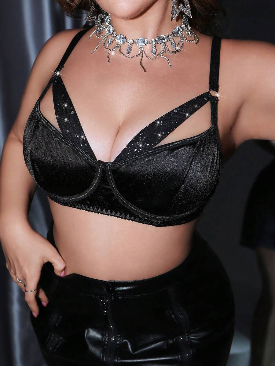 MidnightGlam Plus Size Sexy Glamorous Starry Sky Decorated Mesh Bra - Black - View 1