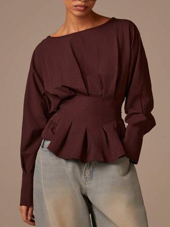 Athîral 女士新年棕色衬衫，纯色船领蝙蝠袖褶皱下摆时尚上衣，感恩节女士衬衫