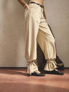 Aralina Women's Casual Fall/Winter High Waisted Barrel Leg Jeans With Tie Up Detail At Hem Perfect For Going Out Outfits - Khaki - View 5