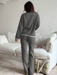 Flirla Women's Casual Everyday Commute Contrast Binding Dropped Shoulder Loose Knit Sweater And Knit Pants 2 Pieces Set, Autumn/Winter - Dark Grey - View 2