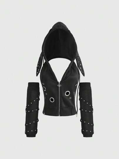 ROMWE Avant ملابس علوية نسائية بأكمام قصيرة مزينة بأذن أرنب وحلقات معدنية بطراز الروك البانك الرجعي