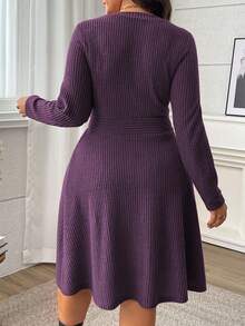 Vionelle Plus Size V-Neck Long Sleeve Cinched Waist A-Line Midi Dress,Dark Purple,Autumn,Elegant,Formal Solid Color Ribbed Button Violet Dress - Purple - View 2