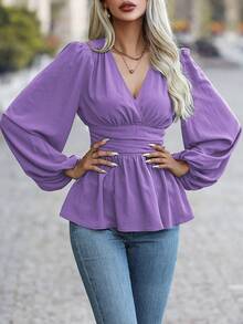 SHEIN LUNE Solid Color V-Neck Long Sleeve Ruched Simple Casual Shirt Peplum Top - Purple - View 5