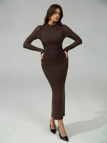 SHEIN Tall Damen Kaffeefarbe Langarm Lässig Kleid, geeignet für urbane Pendler, Geschäft, elegante Party, Halloween, Weihnachten - Braun - Übersicht 8