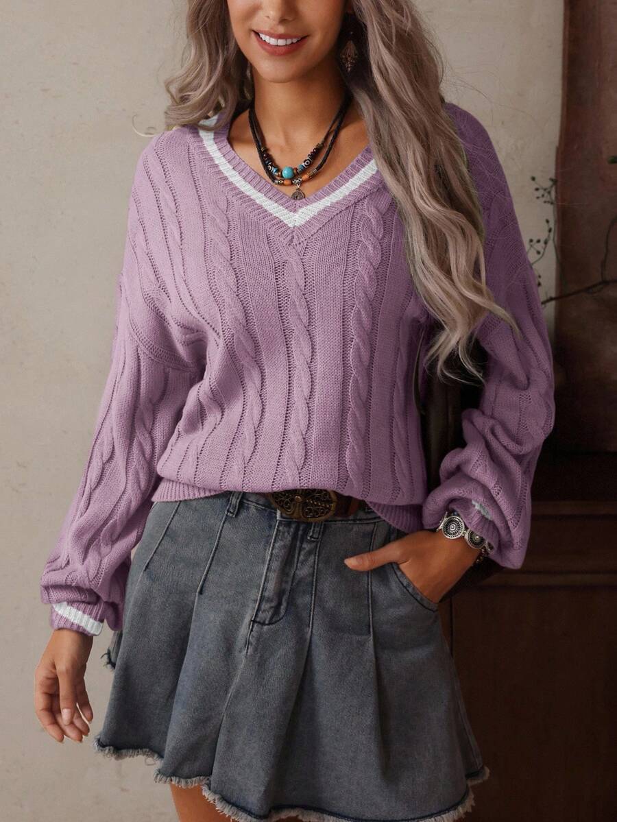 SHEIN PETITE 女款對比色V領落肩長袖休閒針織衫,秋冬款,小碼女裝 - 紫色 - 查看 1