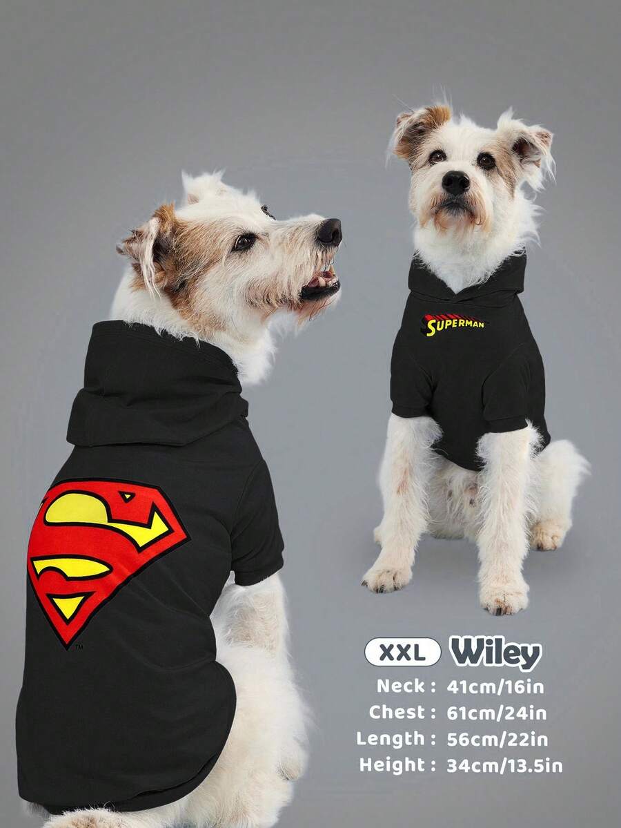 SUPERMAN X SHEIN 1 Áo nỉ trùm đầu in logo cho thú cưng, Trang phục cho mèo và chó, Kích cỡ XXS-XXXXL, Cực nhỏ, Cực lớn - màu đen - Xem 1