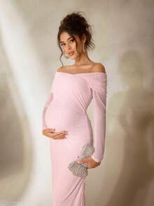 Cheriluna Maternity Maternity Photoshoot Dress, Long Sleeve Off-Shoulder Cross Front Design, Pearl Decor, Fitted Double-Layer Long Dress - Pink - View 5
