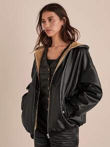 Easelle 女式秋冬黑色连帽皮夹克，天鹅绒衬里，保暖