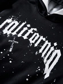SHEIN 2 件儿童/青少年男童休闲日常舒适字母印花连帽运动衫和直筒宽松运动裤套装 - 黑與白 - 查看 5