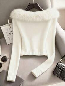 Franclia Áo len dệt kim tay raglan cổ lông chắp vá thời trang tối giản dành cho nữ, mùa thu/đông - trắng - Xem 2