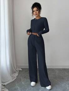 Modelyn Women's Solid Color Long Sleeve Single-Breasted Cropped Knit Cardigan And Knit Pants Elegant 2 Pieces Set, Autumn/Winter - Royal Blue - View 6
