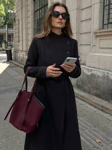 EMERY ROSE Women's Solid Color Minimalist Casual Turndown Collar Long Sleeve Overcoat Long Coat Long Coats For Women Classic Outfits For Women Black Coat Women Coats Winter Clothes For Women Winter Jacket Winter Coat Winter Coat Women Winter Clothes Women - Black - View 6