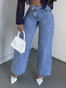 Alexandranx Casual Crossover Waistband Pocket Solid Color Denim Pants - Light Wash - View 5