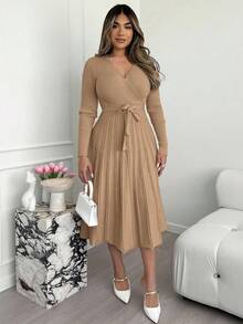 Xyvia Váy len dệt kim tay dài màu trơn cổ chữ V ôm sát thanh lịch dành cho nữ, mùa thu/đông - Màu Khaki - Xem 5