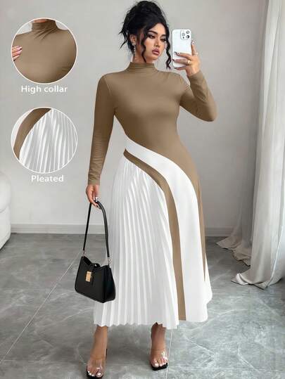 Elenzga Vestido largo y estilizador con bloque de color e impresión plisada para mujer talla grande