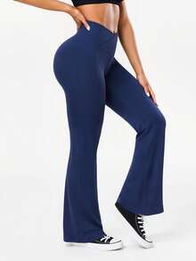 Seamluxe SHEIN Sport 1pc Seamless High Elasticity Women Yoga Casual Daily Fitness Sports Criss-Cross Waist Leggings Flare Yoga Pants Navy Yoga Leggings Flare Leggings - Navy Blue - View 5