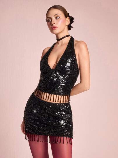 ROMWE Avant Ensemble 2 pièces Top court à col en V profond et mini-jupe avec décoration de paillettes, style Y2K Glam Disco
